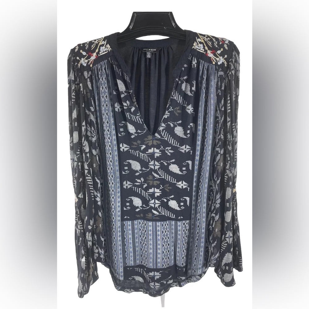 Lucky Brand V-Neck Boho Embroidered Long Bell Sleeve Blouse Top Black Womens M